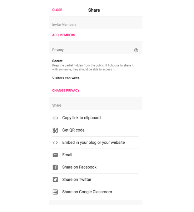 Padlet sharing options